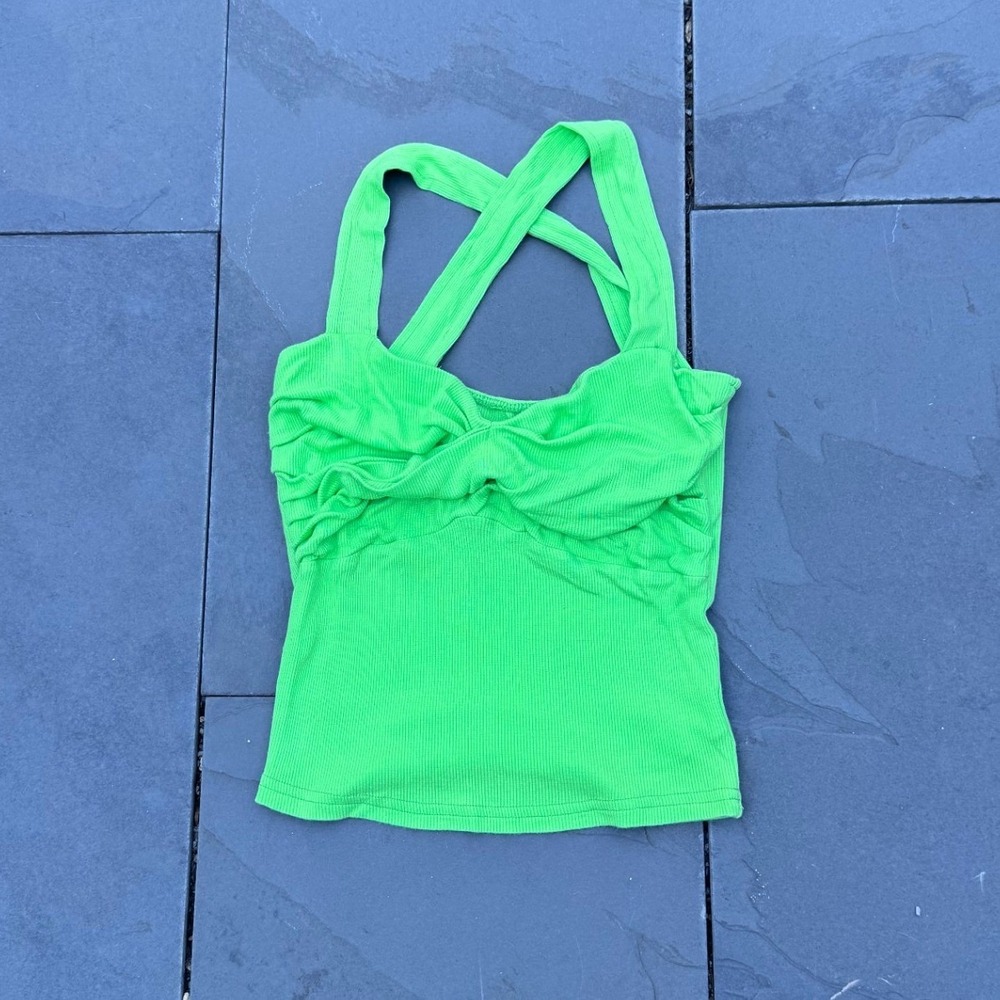 Micas Tank Top Women Small Lime Green Criss Cross Twist Front Ribbed Knit